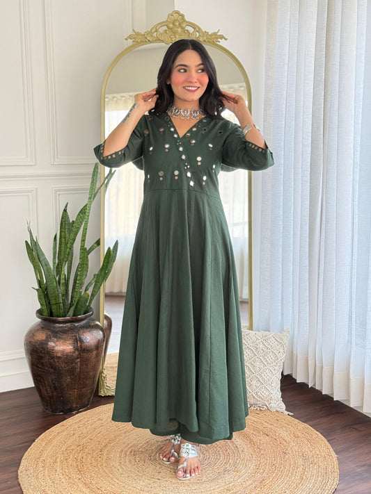 Bottle green Real mirror Anarkali