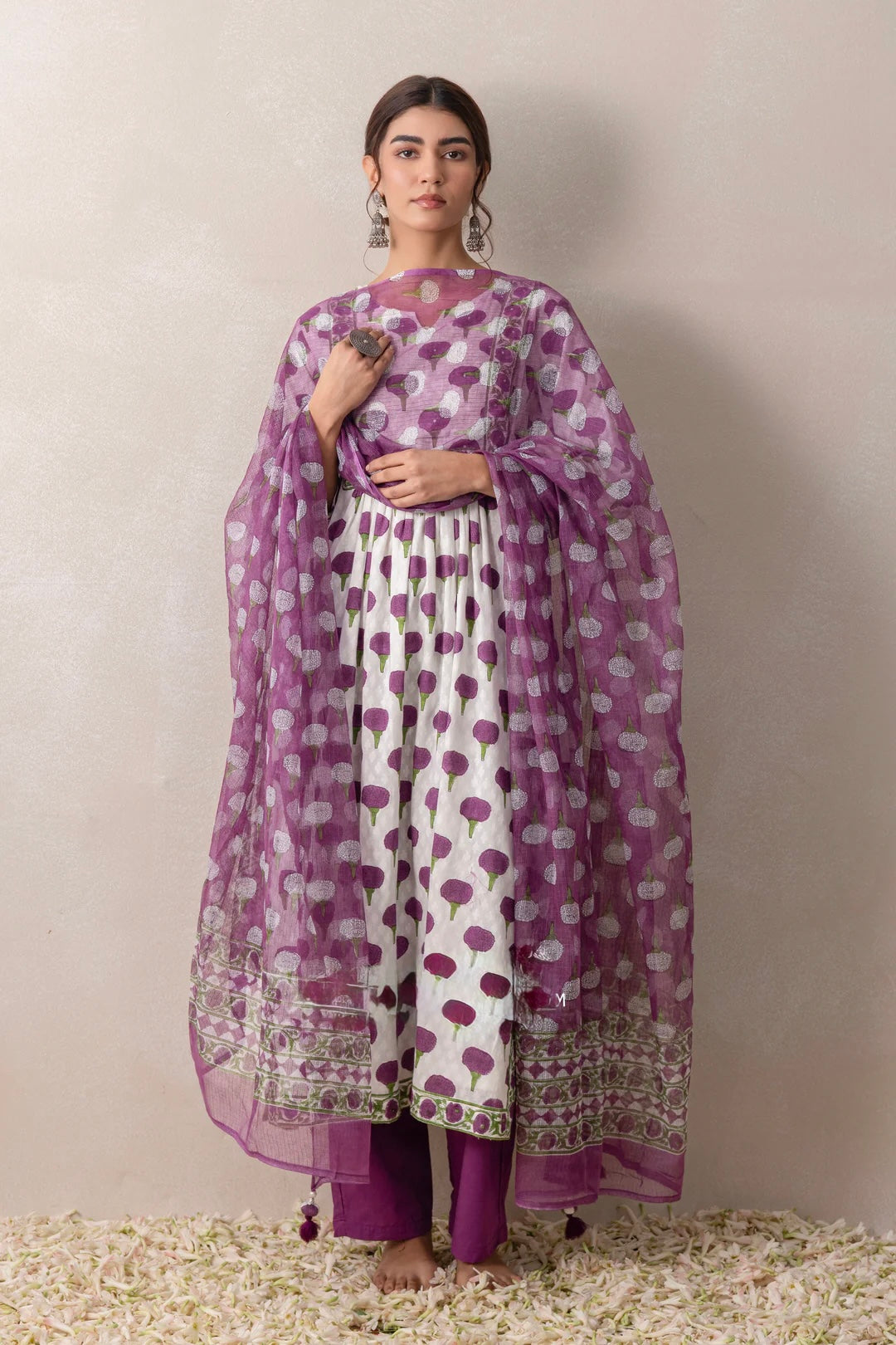 Purple  marigold handblock cotton suit with pure kota doria dupatta