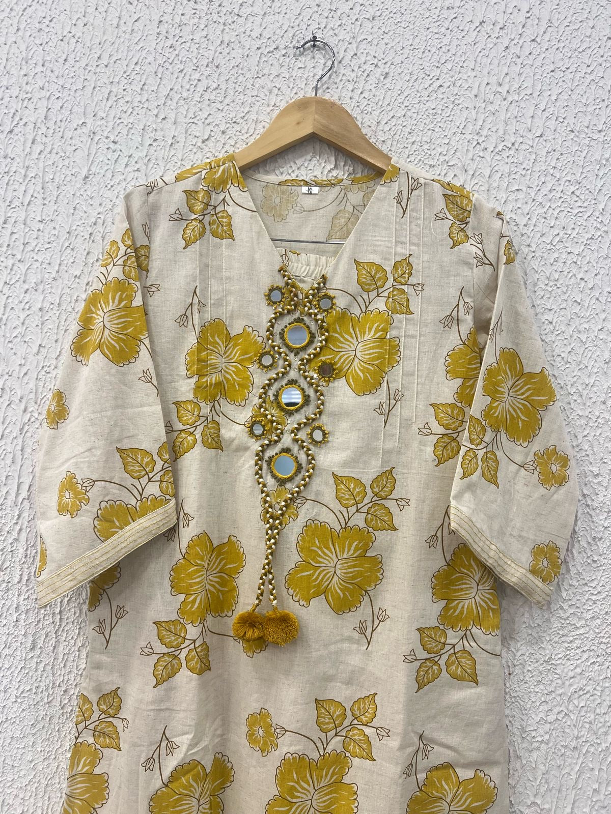 Yellow Cotton mirror neck kurta pant