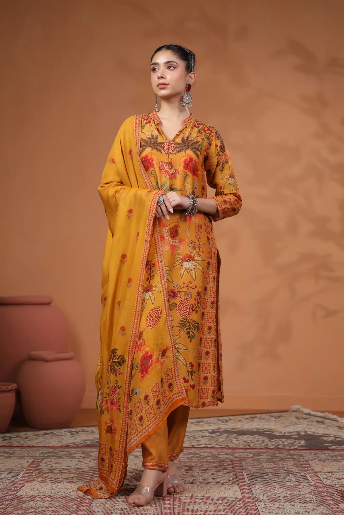 Traditional Print Straight Kurti With Pant And Printed Dupatta