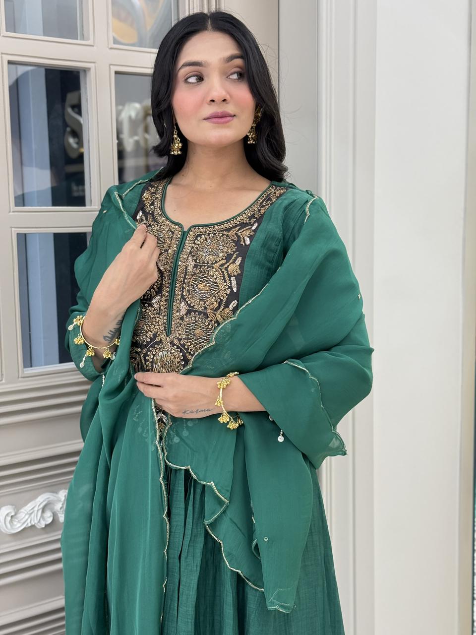 Bottle green  mul chandari Anarkali