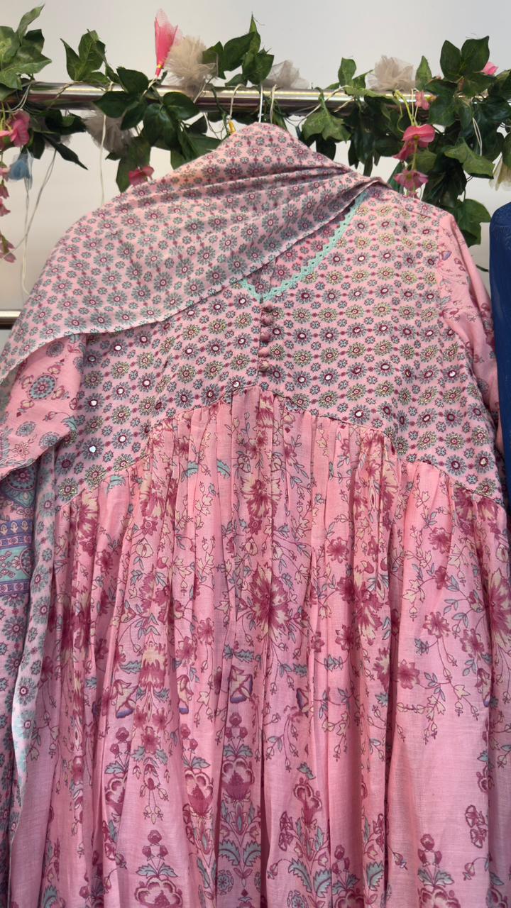 Full sleeves mul cotton Anarkali with palzoo