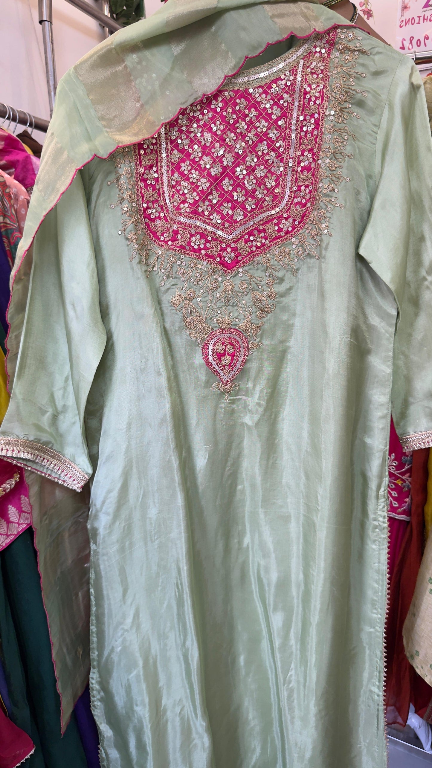 Ethnic style in pure crepe suit with tissue dup & silk pants