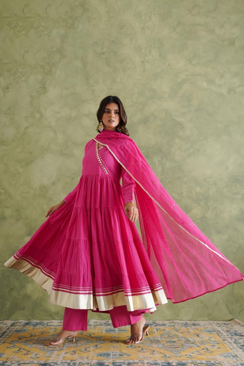 Pink beautiful cotton Anarkali with gota and kota doria dupatta