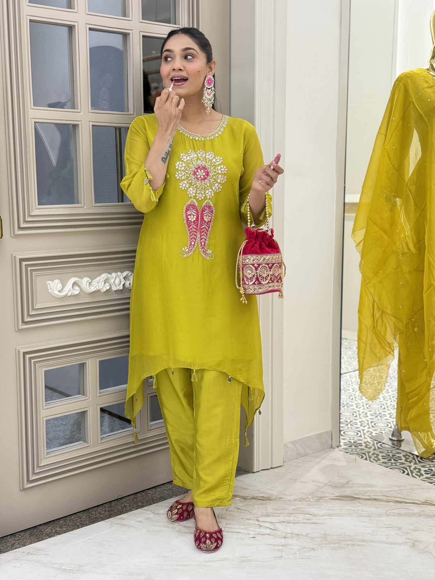 Green organza top with handwork with Santoon silk pants