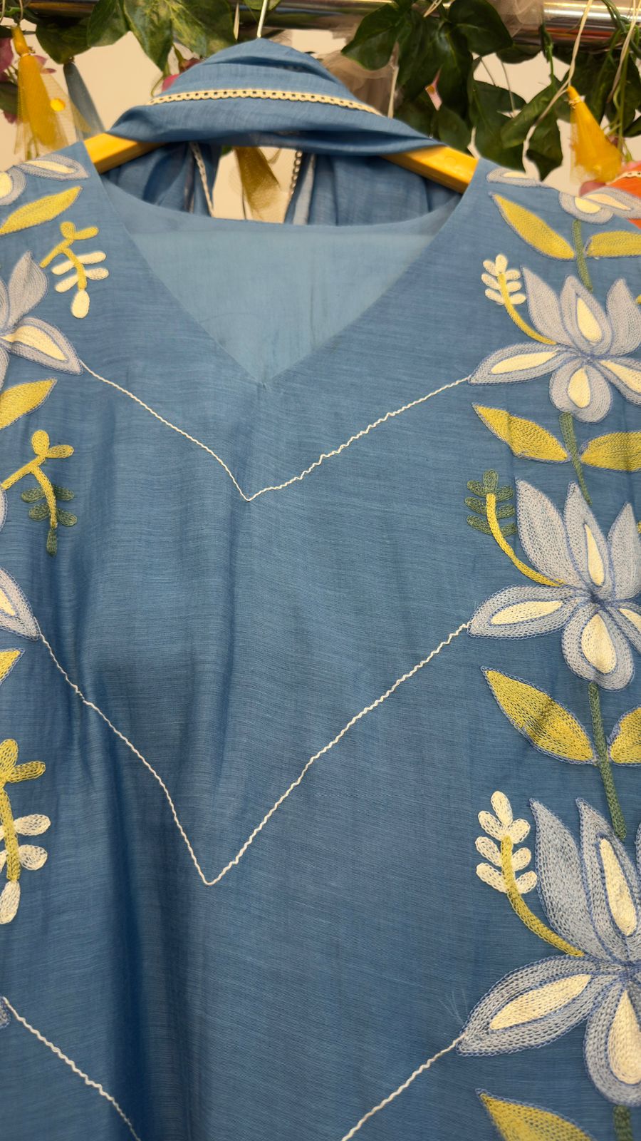 Lotus embroidery mul chandari straight suit