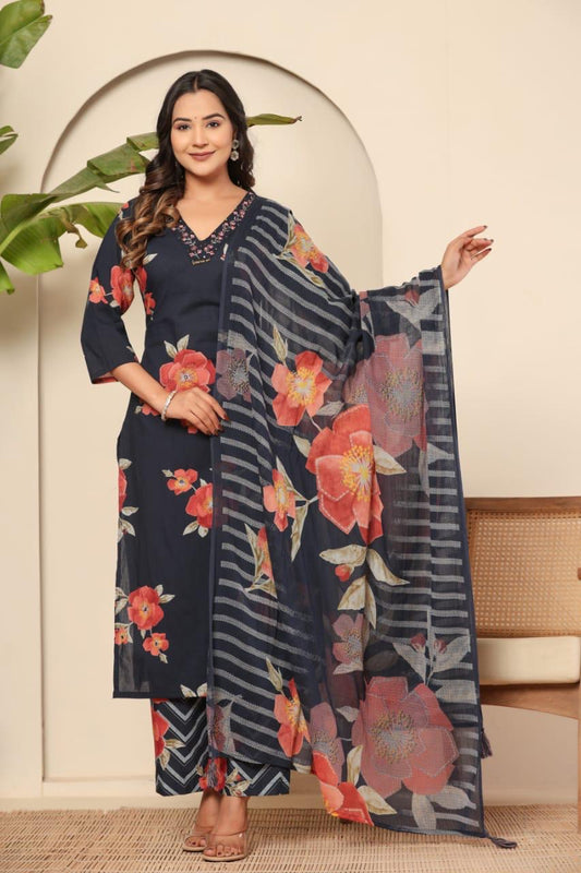 Blue & black floral mul cotton suit