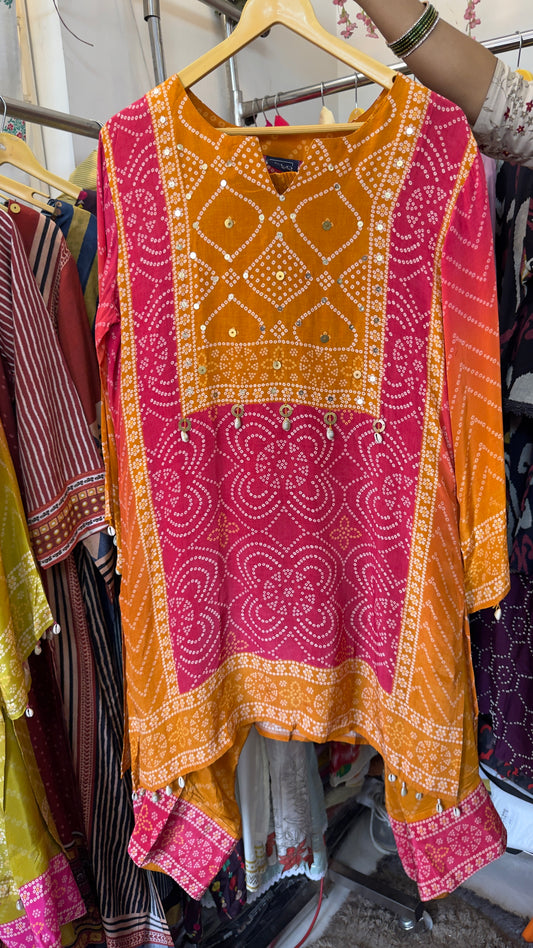 Red yellow Bandhani crepe co ord set