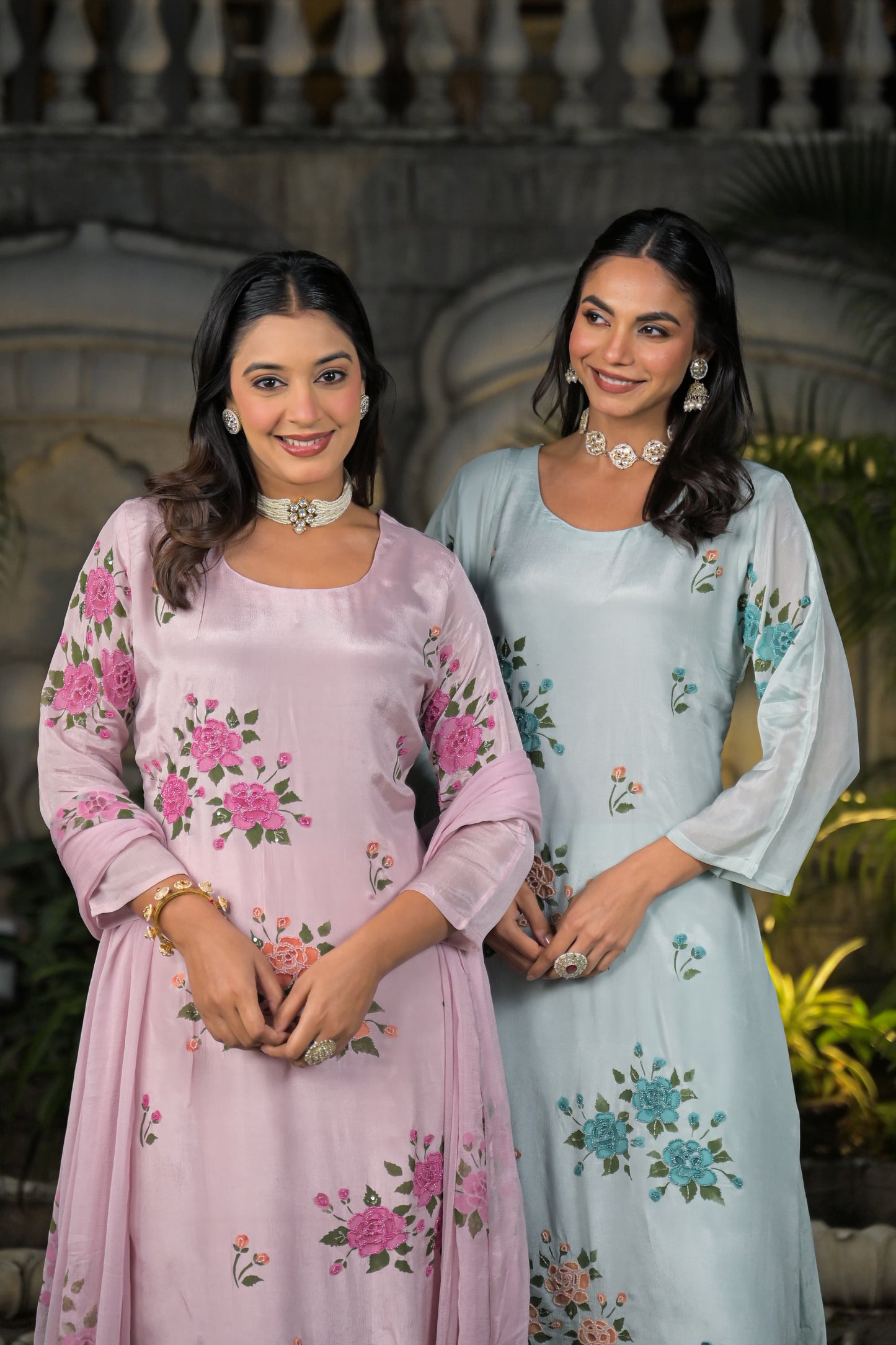 Handprinted with beautiful chinon fabric aline suit