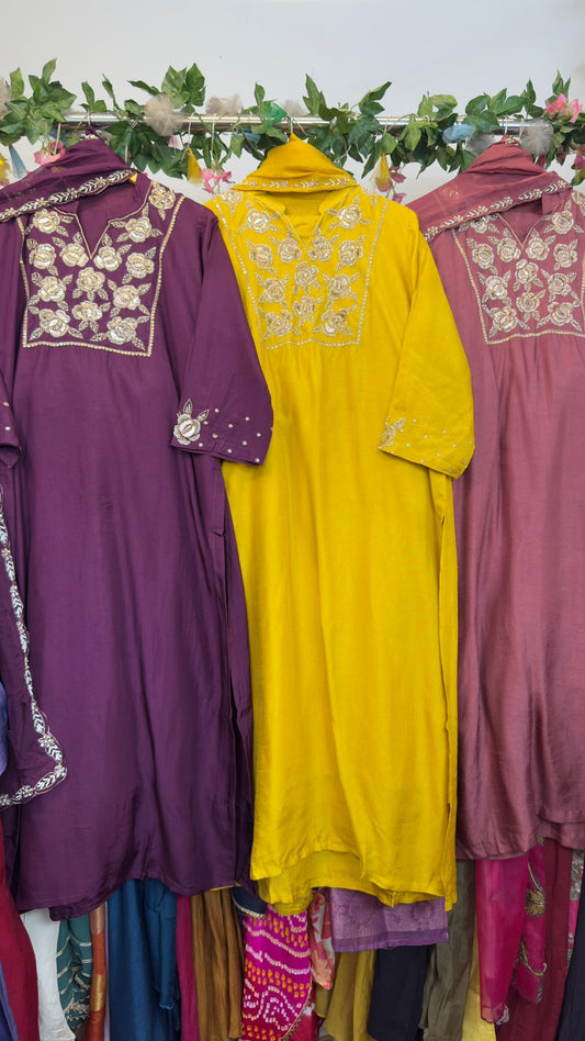 Premium silk straight suit with pants and soft organza Dupatta