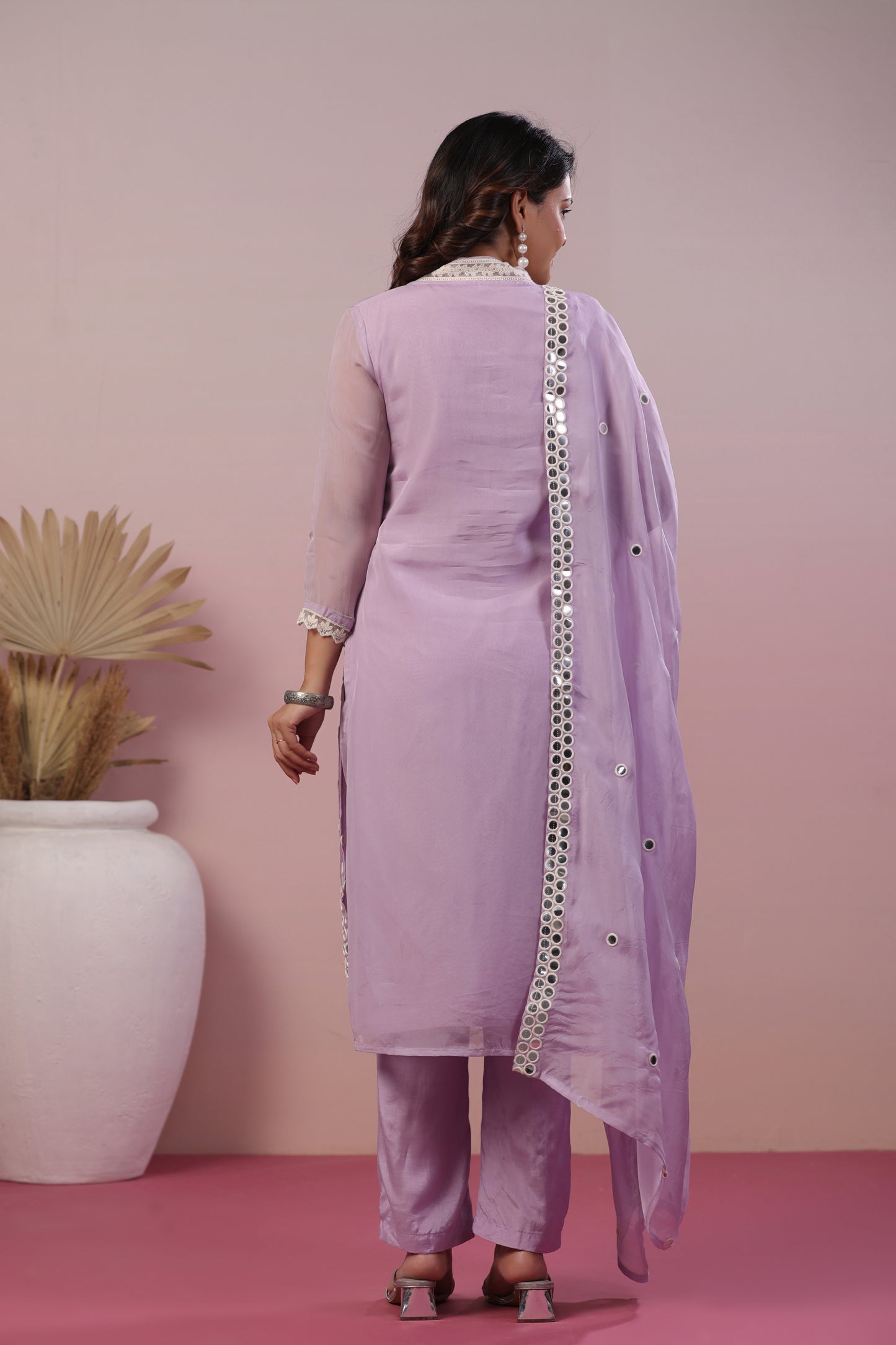 Lavender organza suit dup ( foil mirror ) with Santoon pants