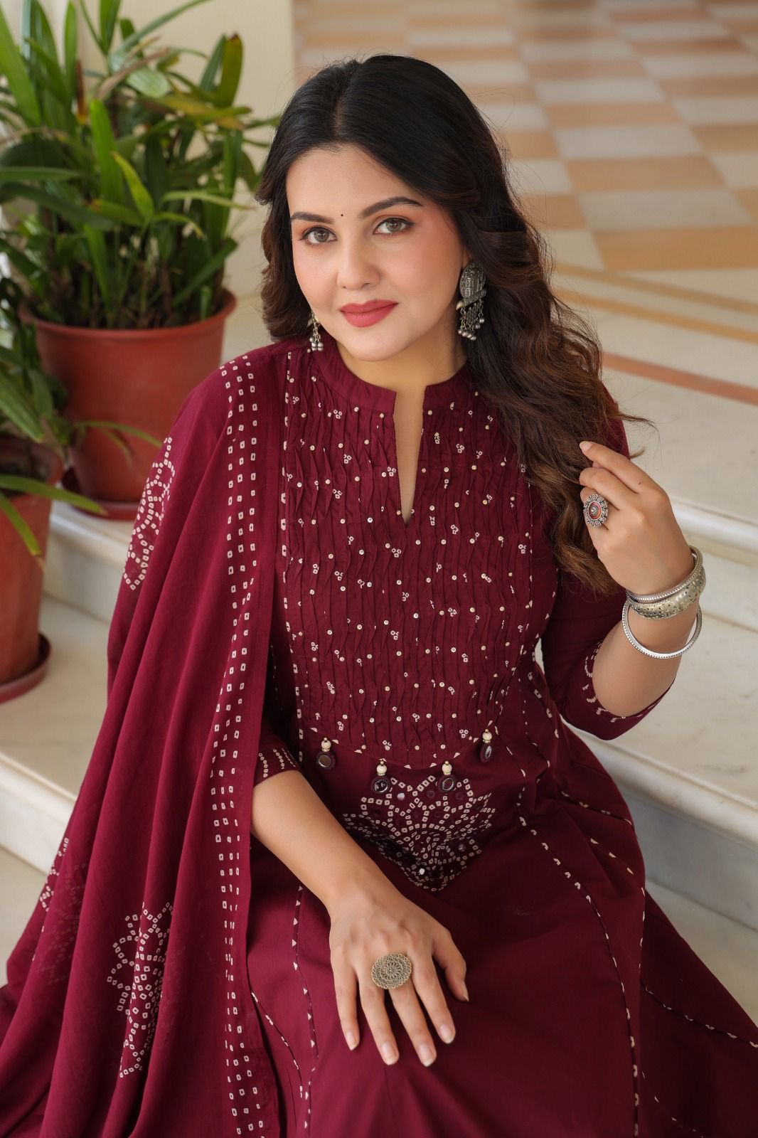Maroon cotton Bandhani real mirror work detailing