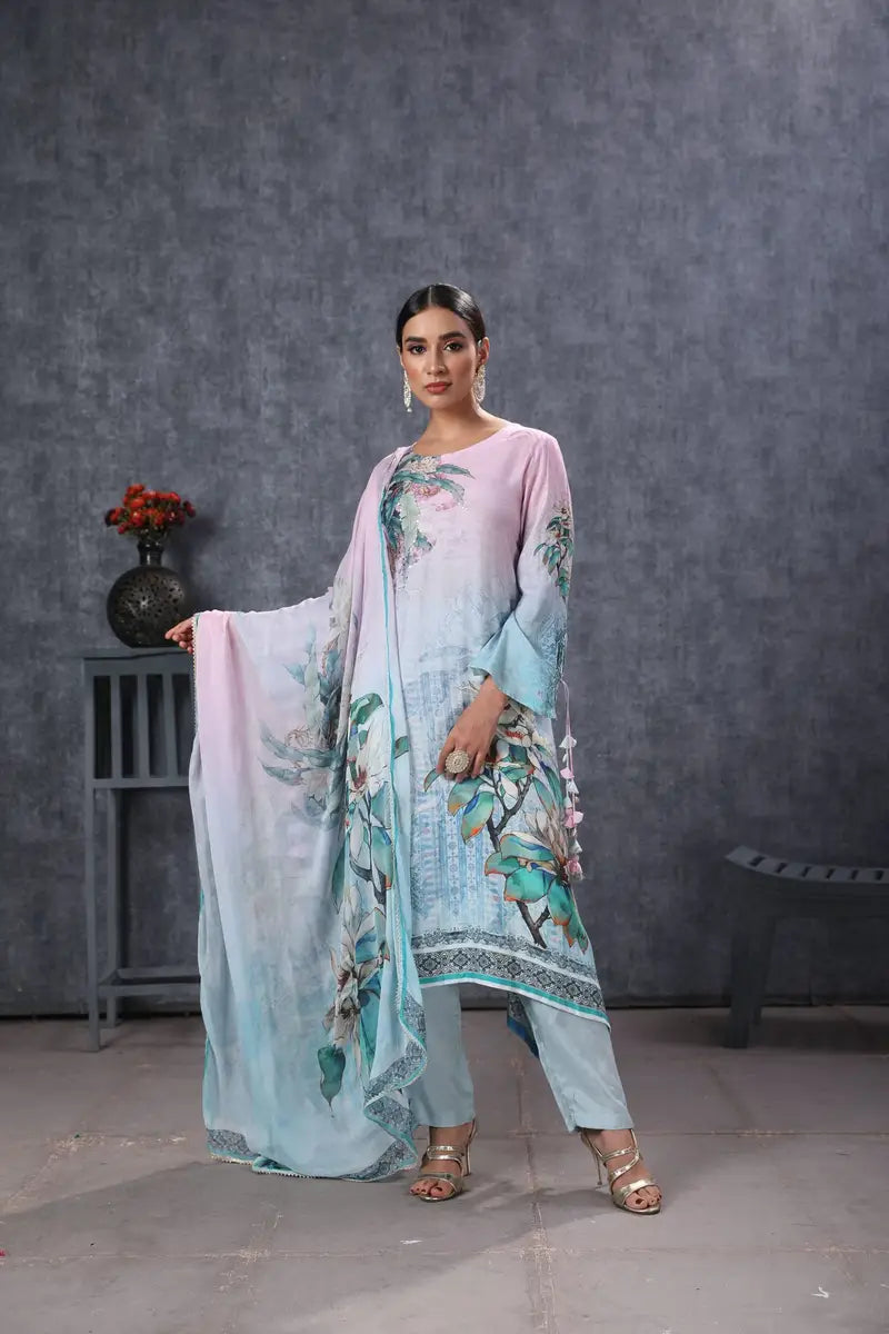 SEA GREEN MUSLIN HANDKERCHIEF CUT KURTA SET