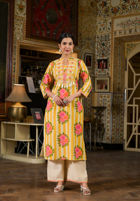 Stripe yellow floral kurta pant