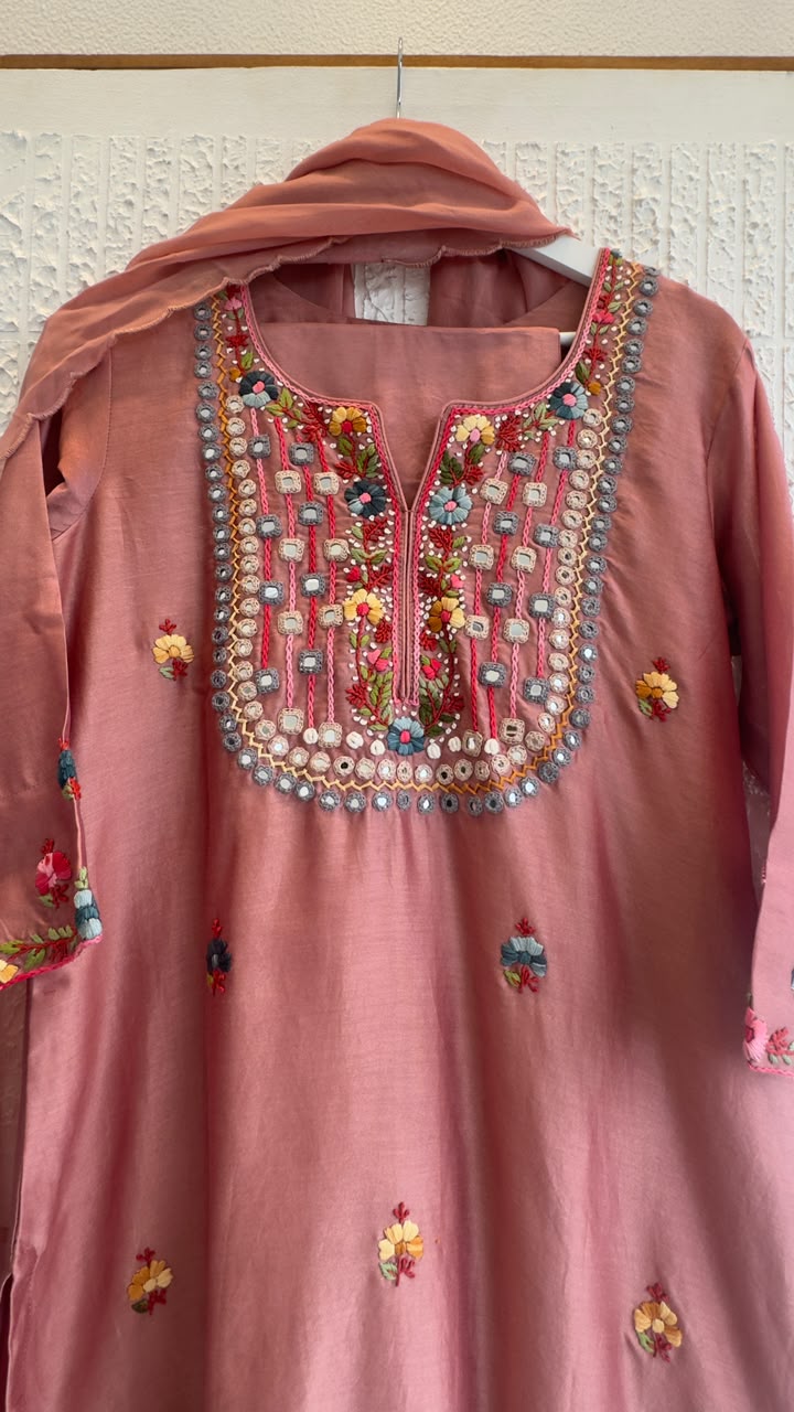 Real mirror work chandari silk with soft organza dup
