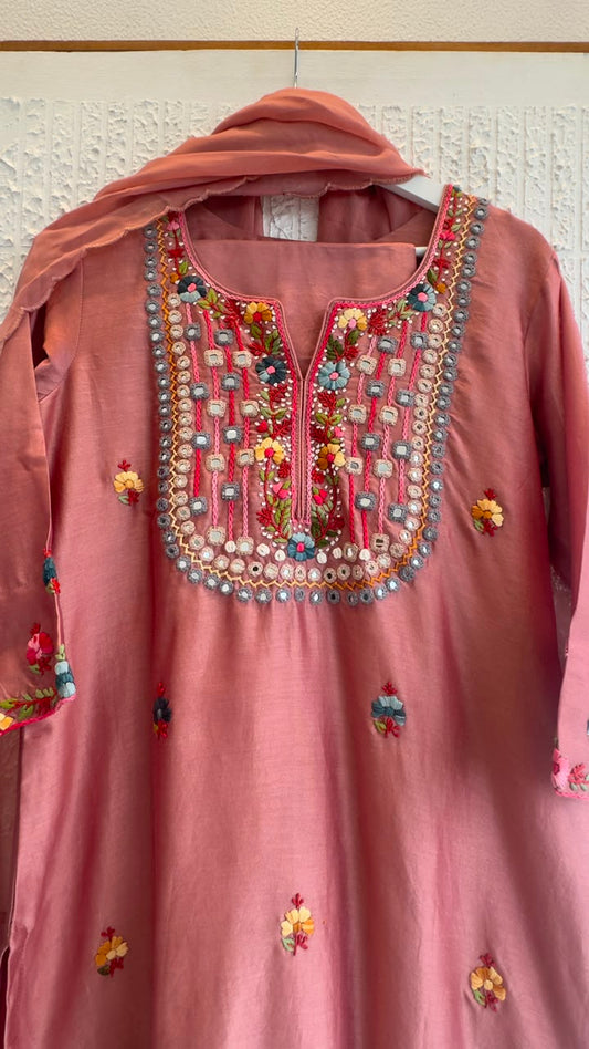 Real mirror work chandari silk with soft organza dup