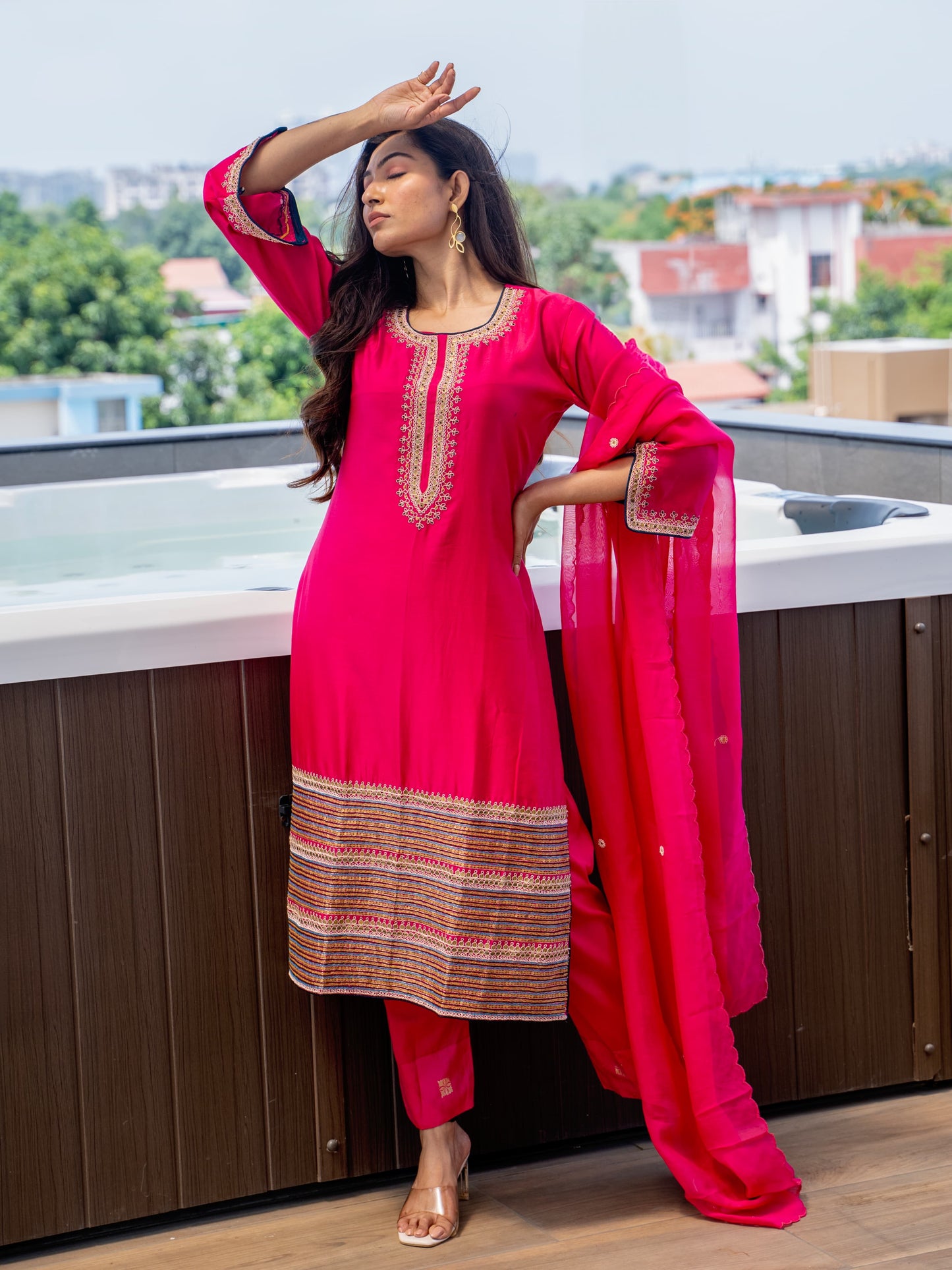 Silky heavy hand work hem suit