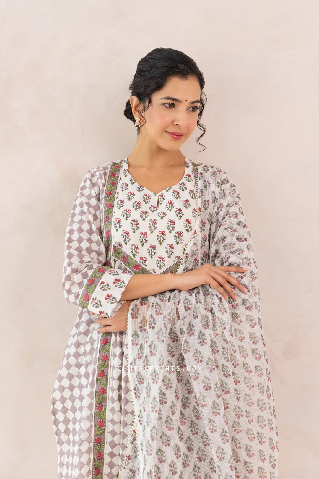Grey COTTON BLOCK PRINT CHECKS FRONT GATHER KURTA SET
