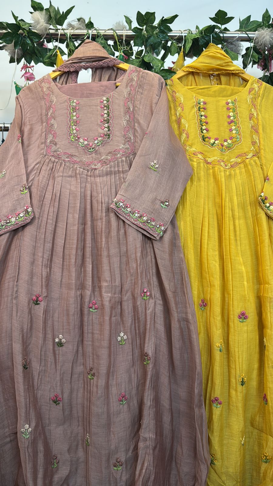 Classy embroidery mul chandari suit ( brown/yellow)