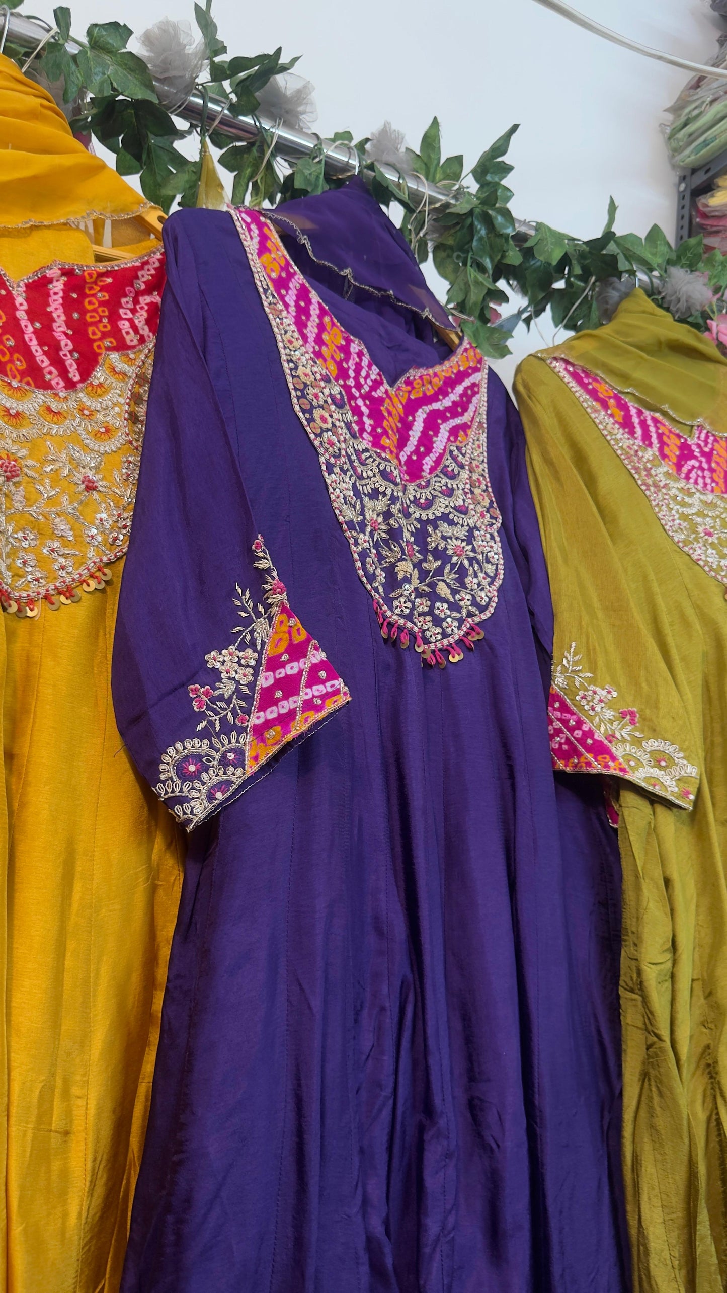 Pure silk Bandhani appliqué and handwork Anarkali