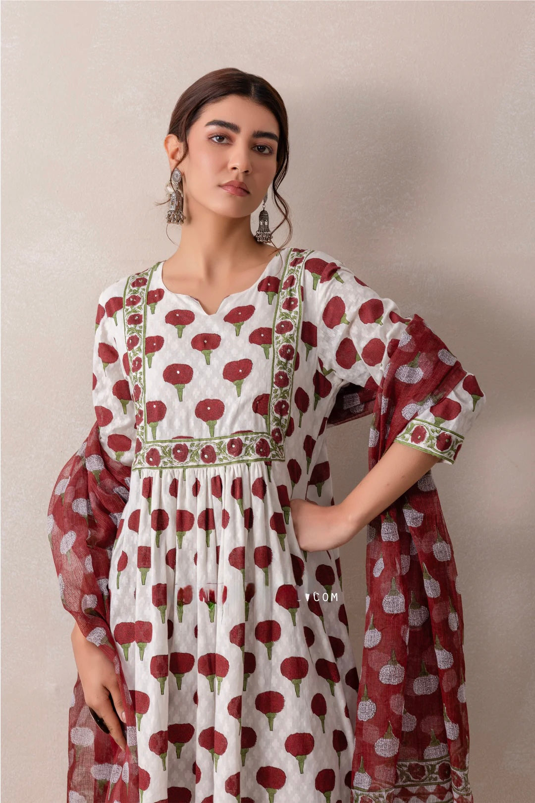 Marron marigold handblock cotton suit with pure kota doria dupatta