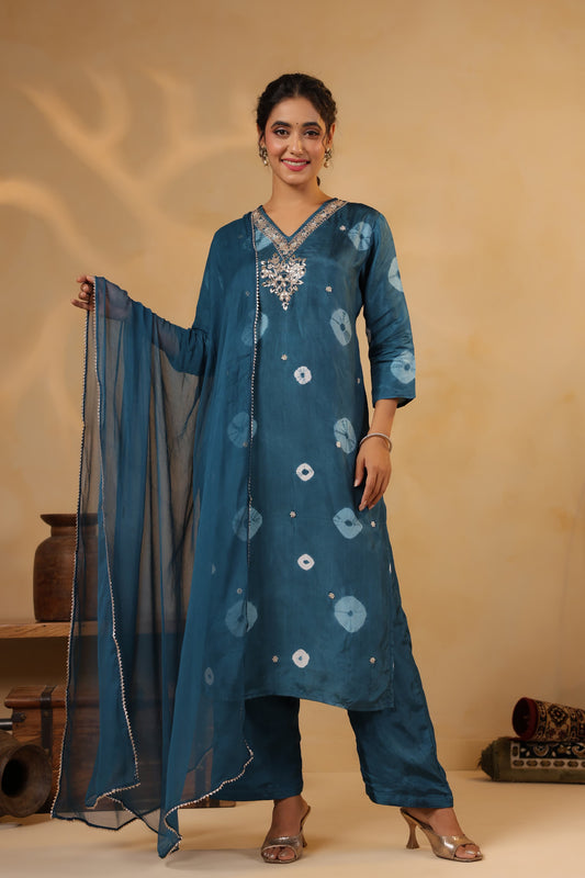 Blue Bandhani silk suit
