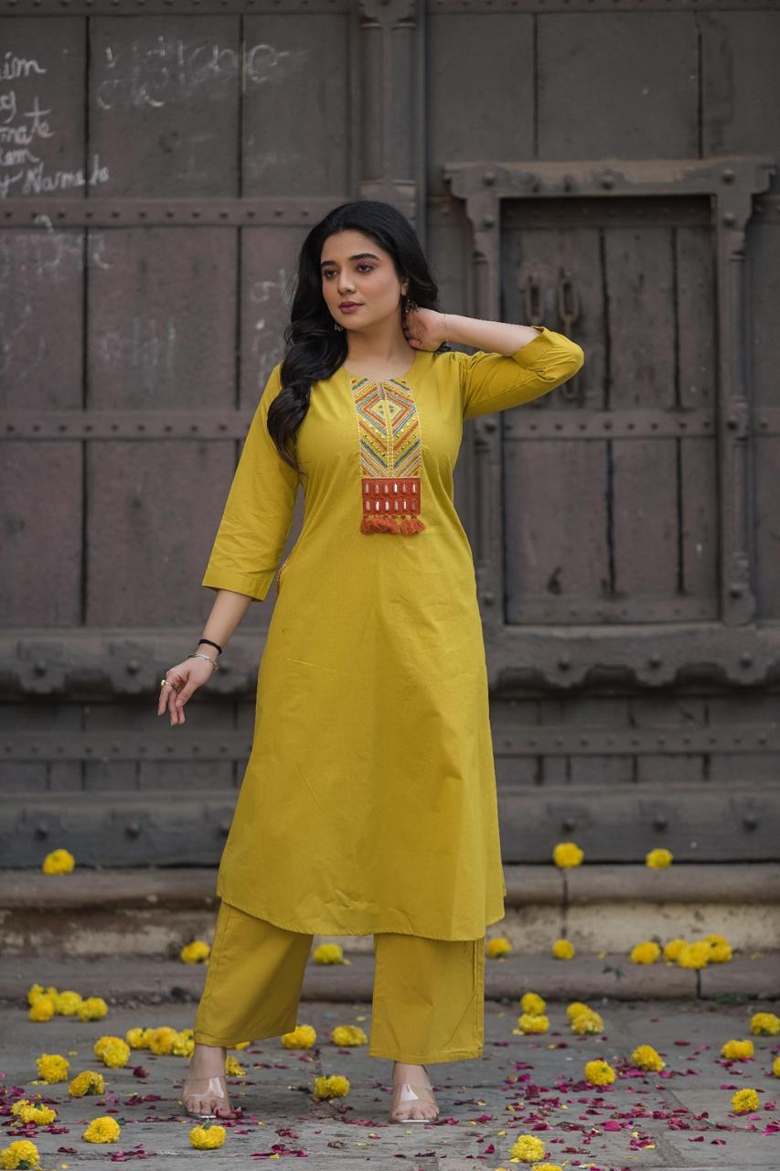 Slub cotton real mirror work kurta pant set