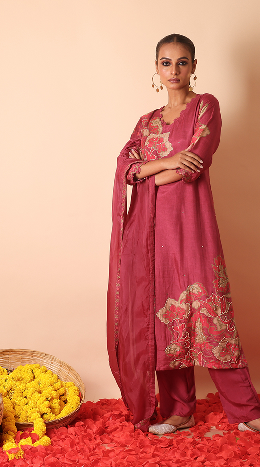 Nude pink silk suit