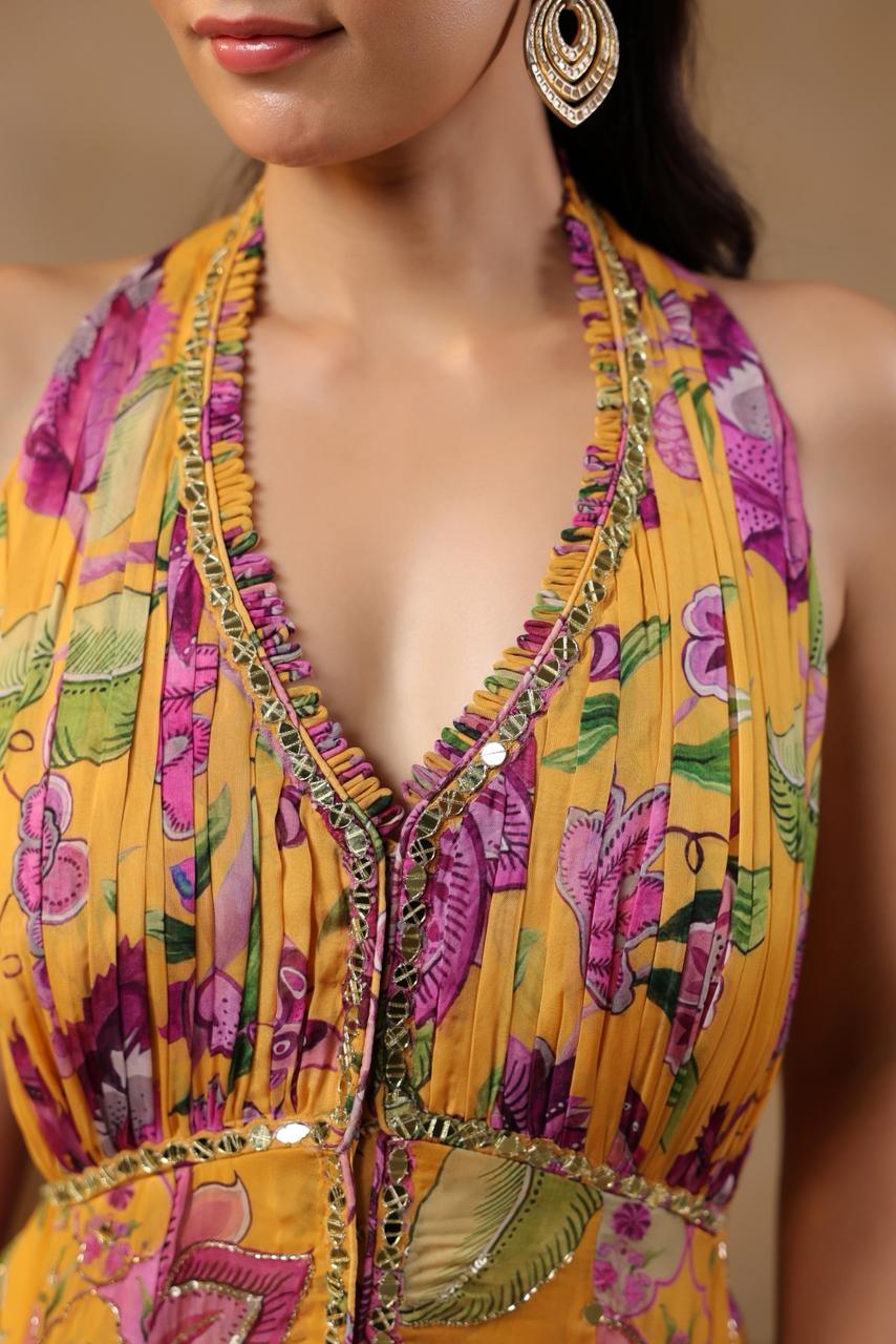 Mustard Georgette Floral Printed Mirror Embellished Suit Set