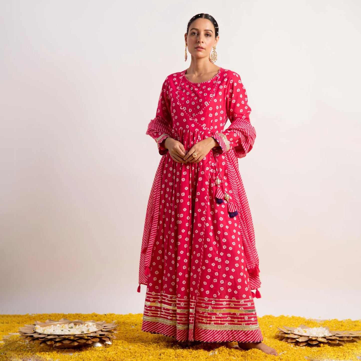 Pink Bandhani Print Kalidaar Dress with Dupatta