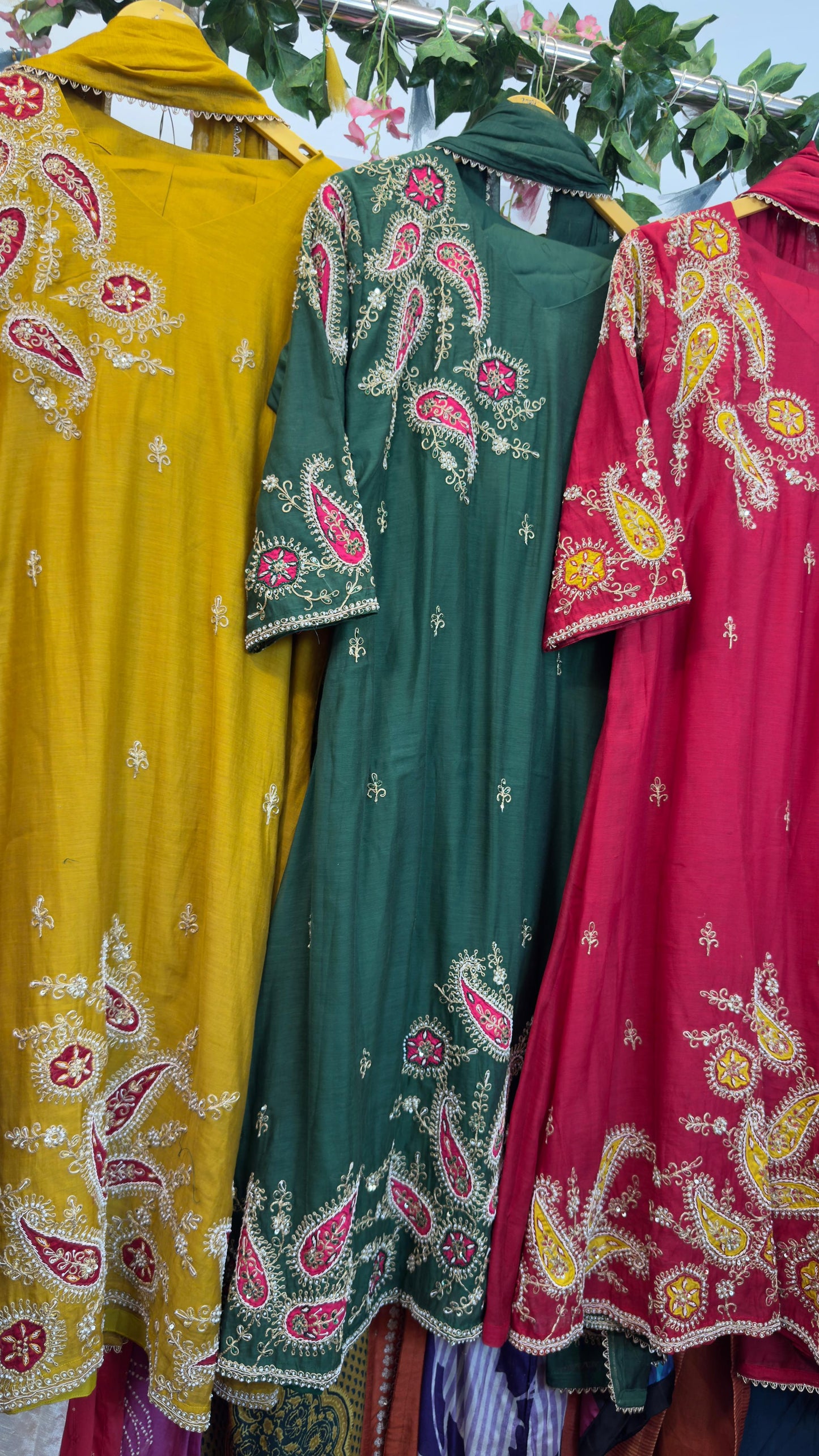 Silk appliqué Aline suit with mul chandari Dupatta and cotton silk pants