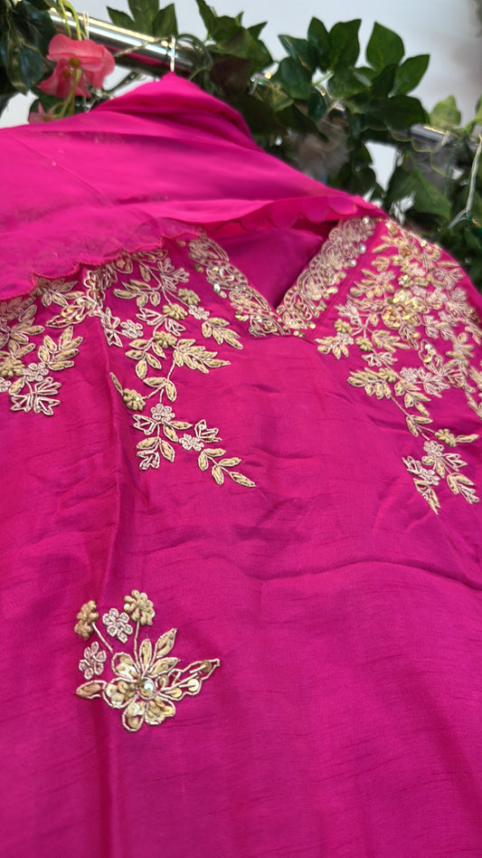 Pink shoulder hand work silk suit