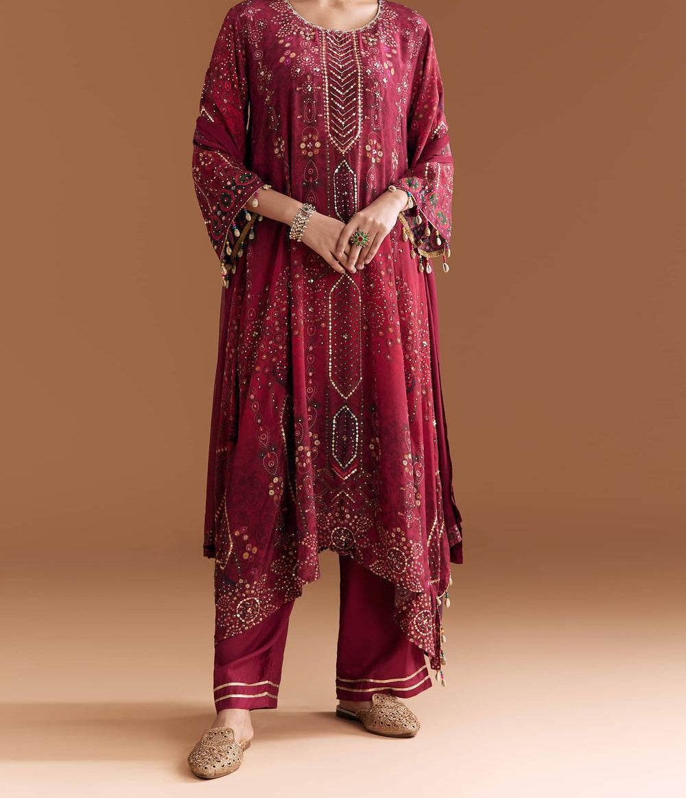 Pure natural crepe Aline suit length 47 with chiffon Dupatta and Santoon silk bottom