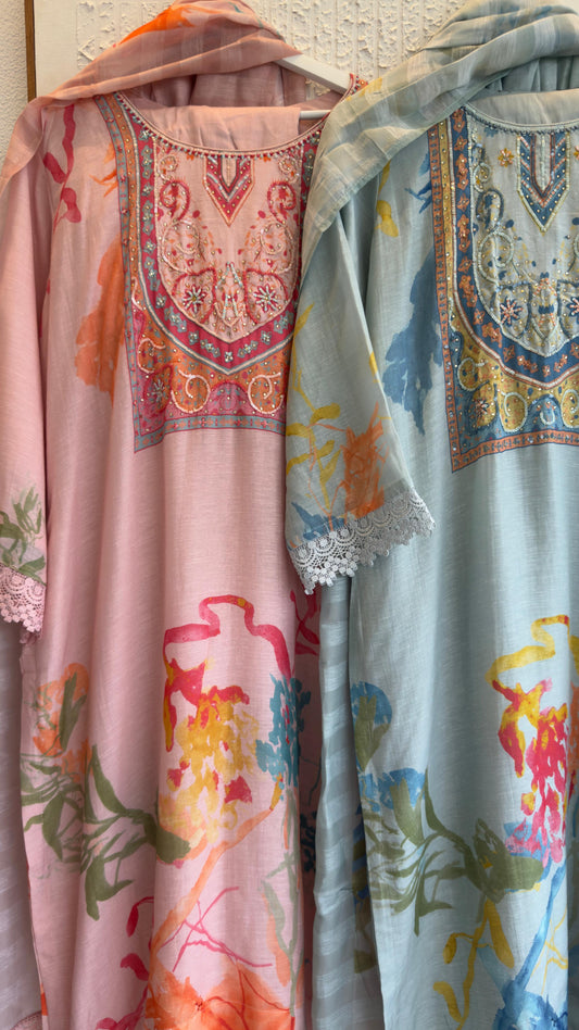 Premium linen digit print suit with soft organza dup and cotton silk plazoo