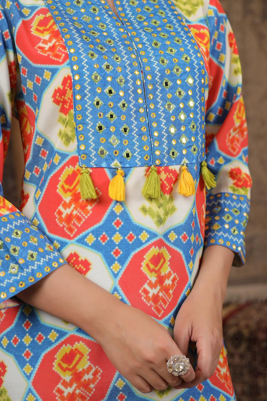 Blue Modal fusion kurta pant with real mirror work
