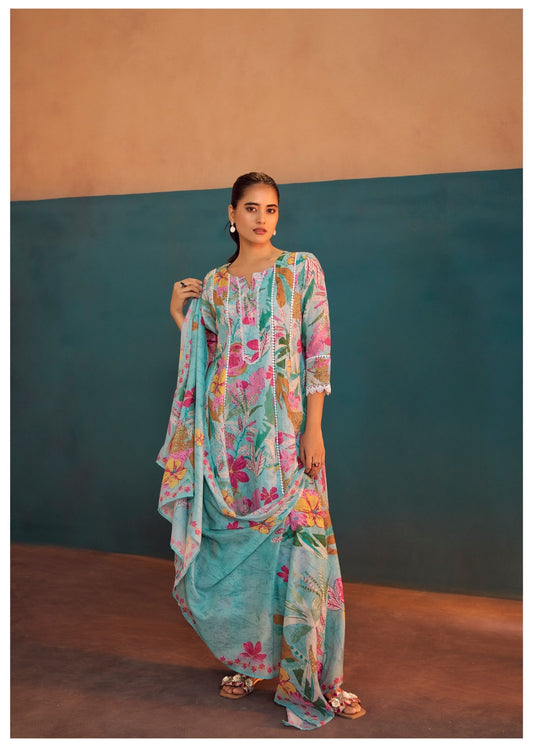 Blue linen cotton Anarkali