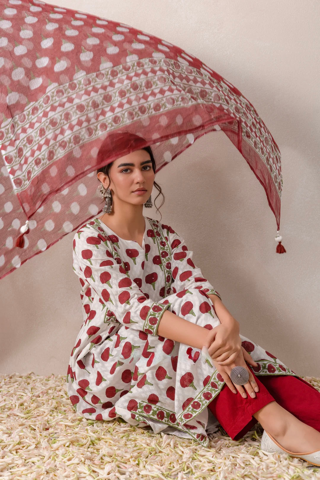 Marron marigold handblock cotton suit with pure kota doria dupatta