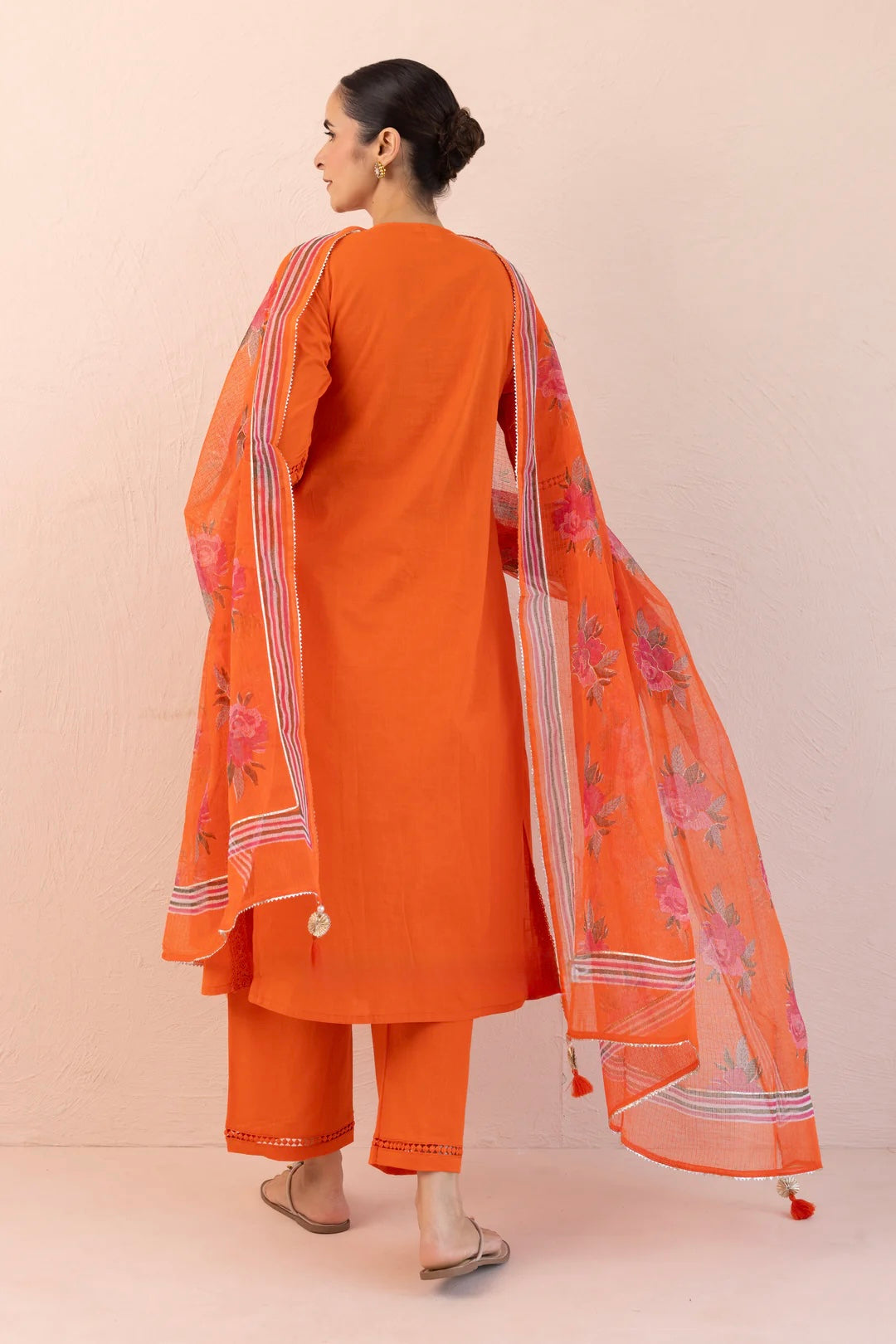 Fanta orange COTTON SLUB PLAIN DYE ANGRAKHA KURTA SET IN GOLD FLAME