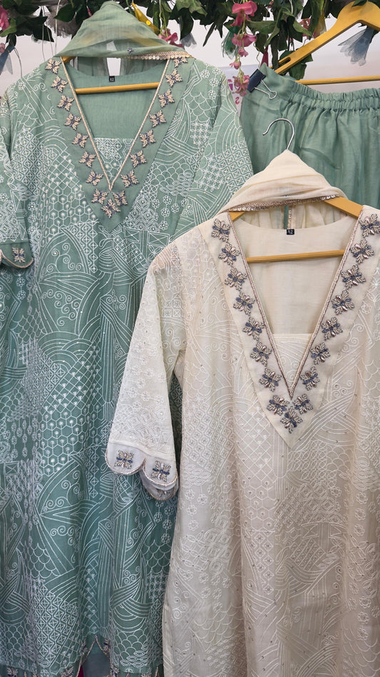 Karachi style Luce mul chandari all over embroidery & zari work divider set