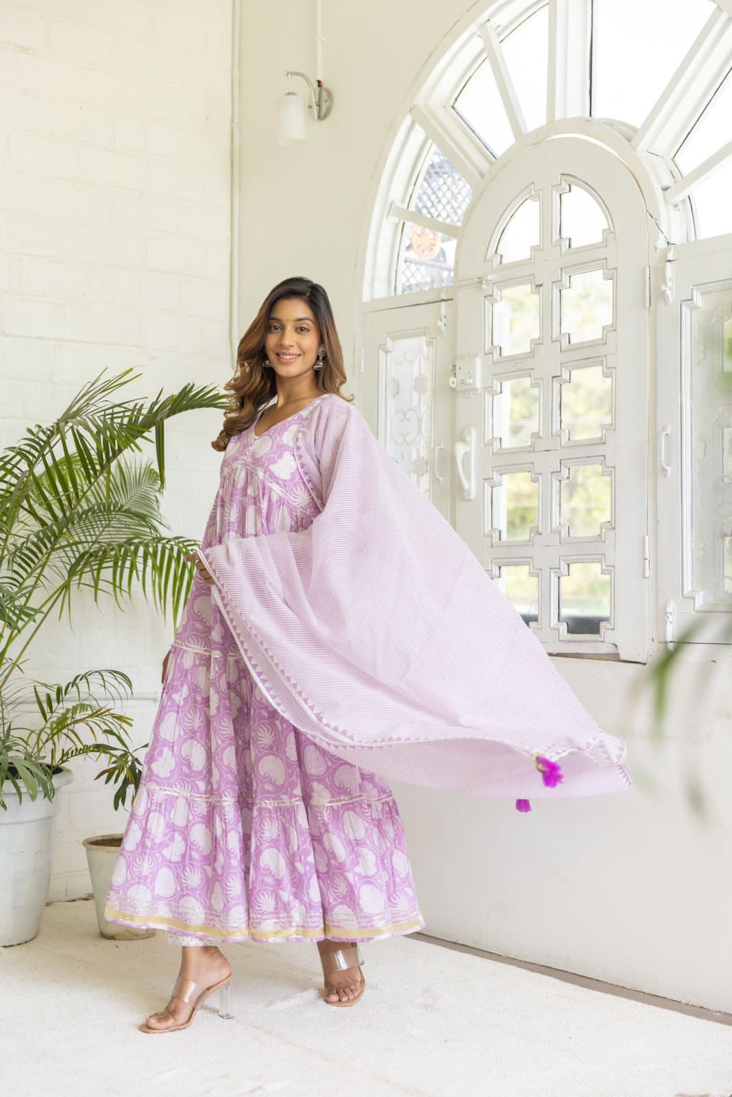 Preety green / purple cotton  layed anarkali
