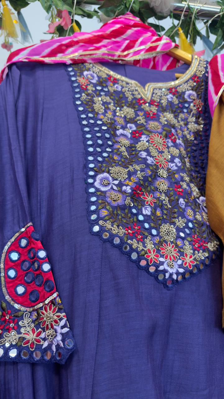 Lehriya duppata with real mirror work in mul chandari Aline suit