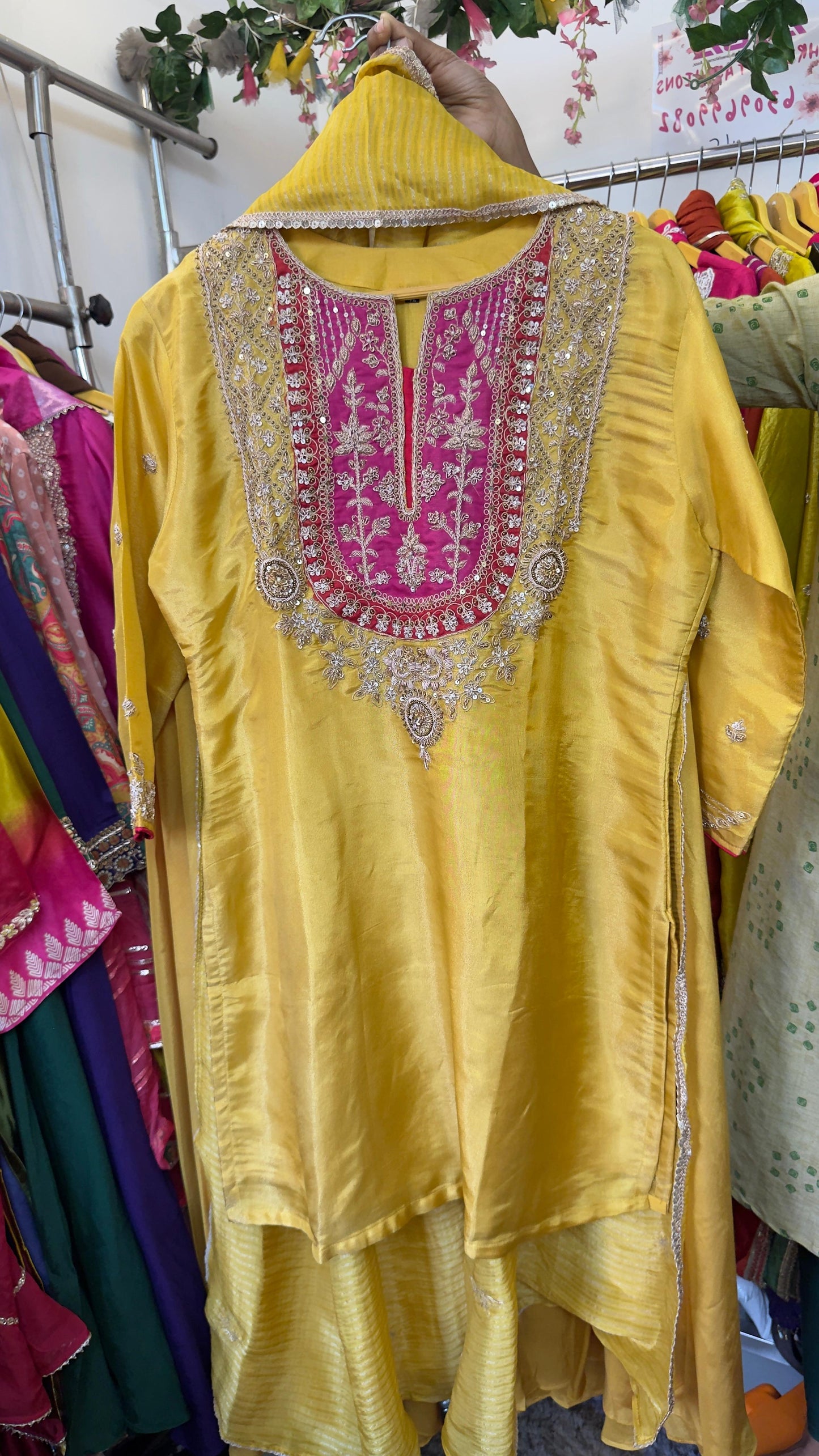 Beautiful work with ethnic colour in tissue fabric kurta dup with crepe divider set
