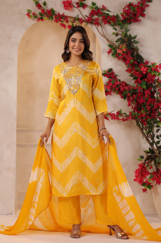Yellow lehriya silk suit