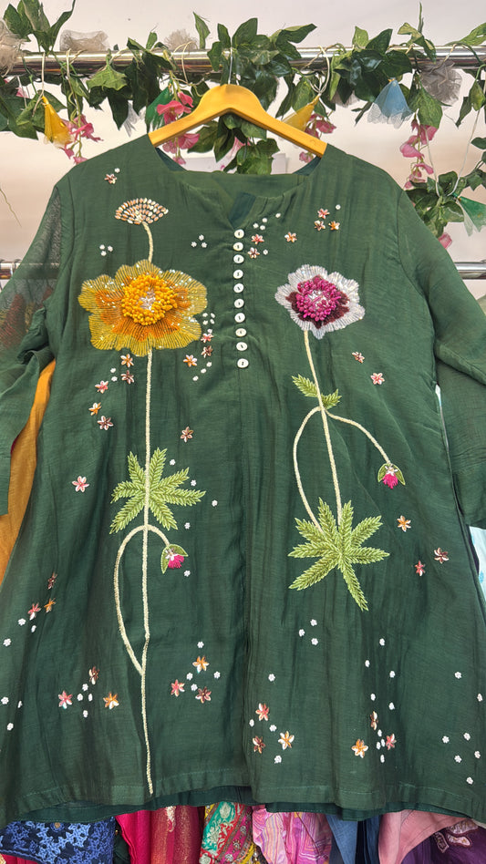 Beautiful 3d hand work green mul chandari co ord set