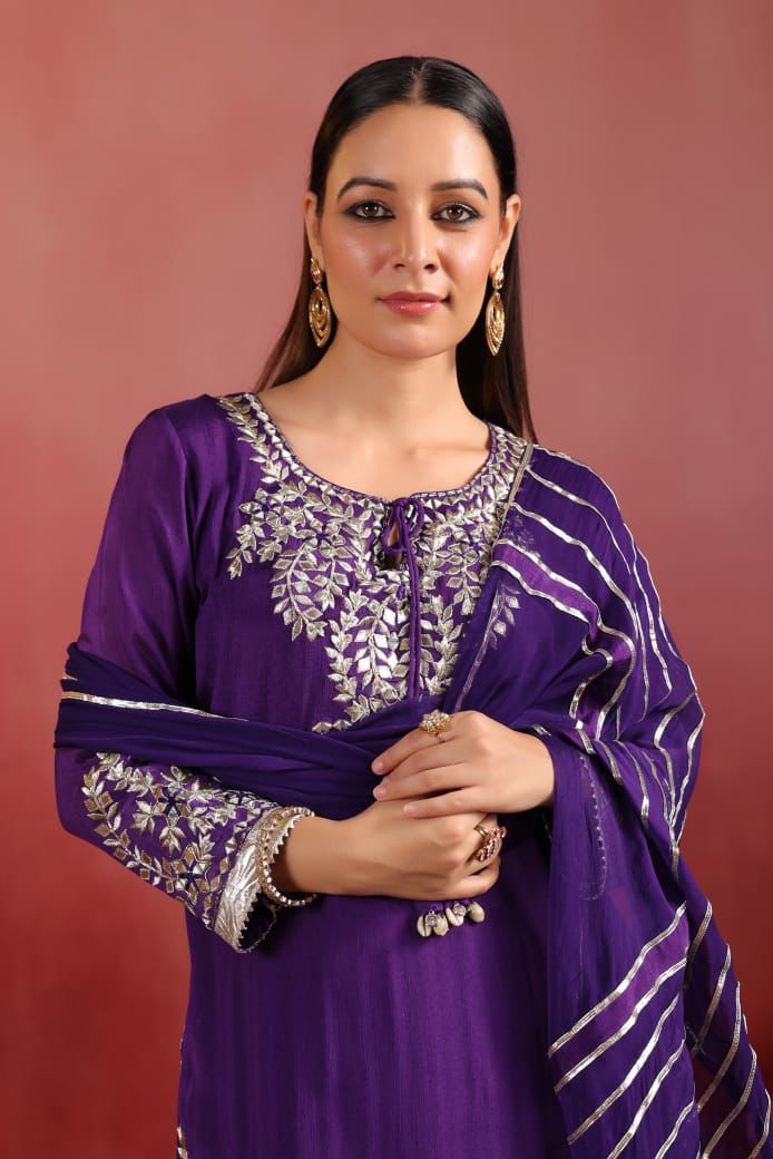 Purple Chinon gota lather real mirror work Sharara set with pure chiffon dup