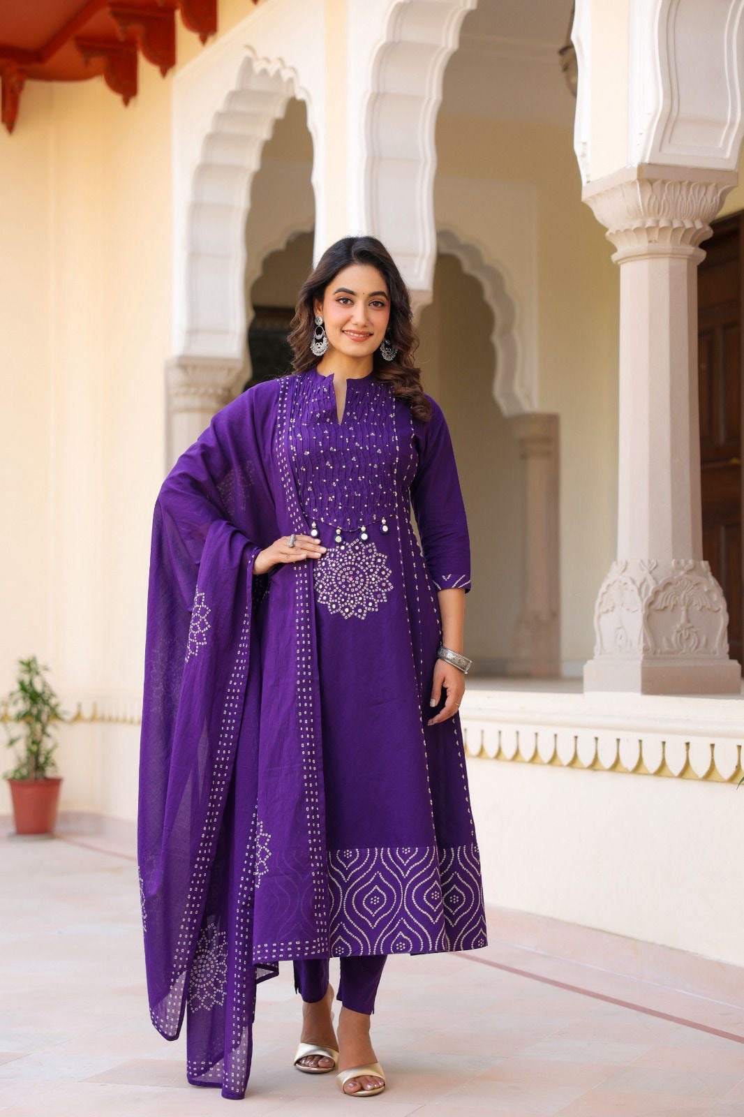 Purple cotton Bandhani real mirror work detailing