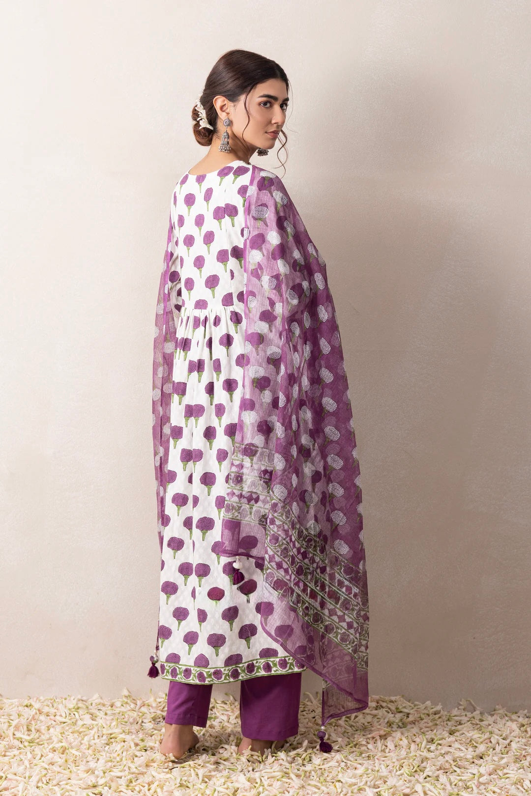 Purple  marigold handblock cotton suit with pure kota doria dupatta