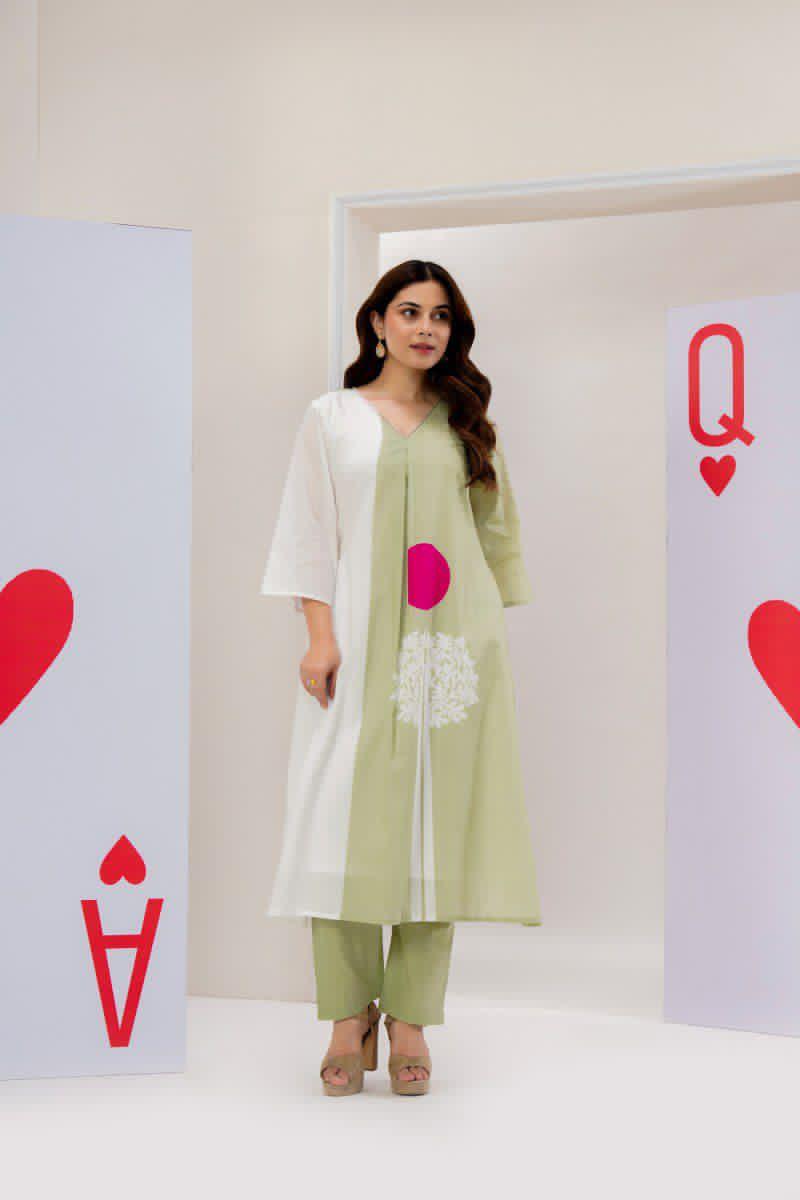 Green premium cotton kurta pant set with lining