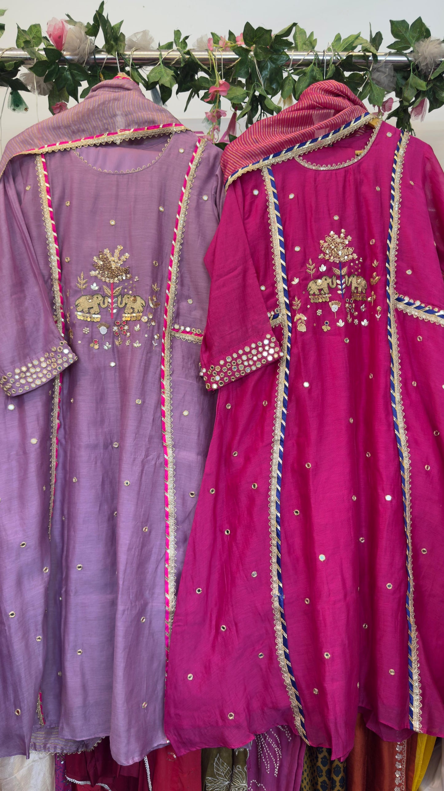 Elephant and real mirror hand work mul chandari suit