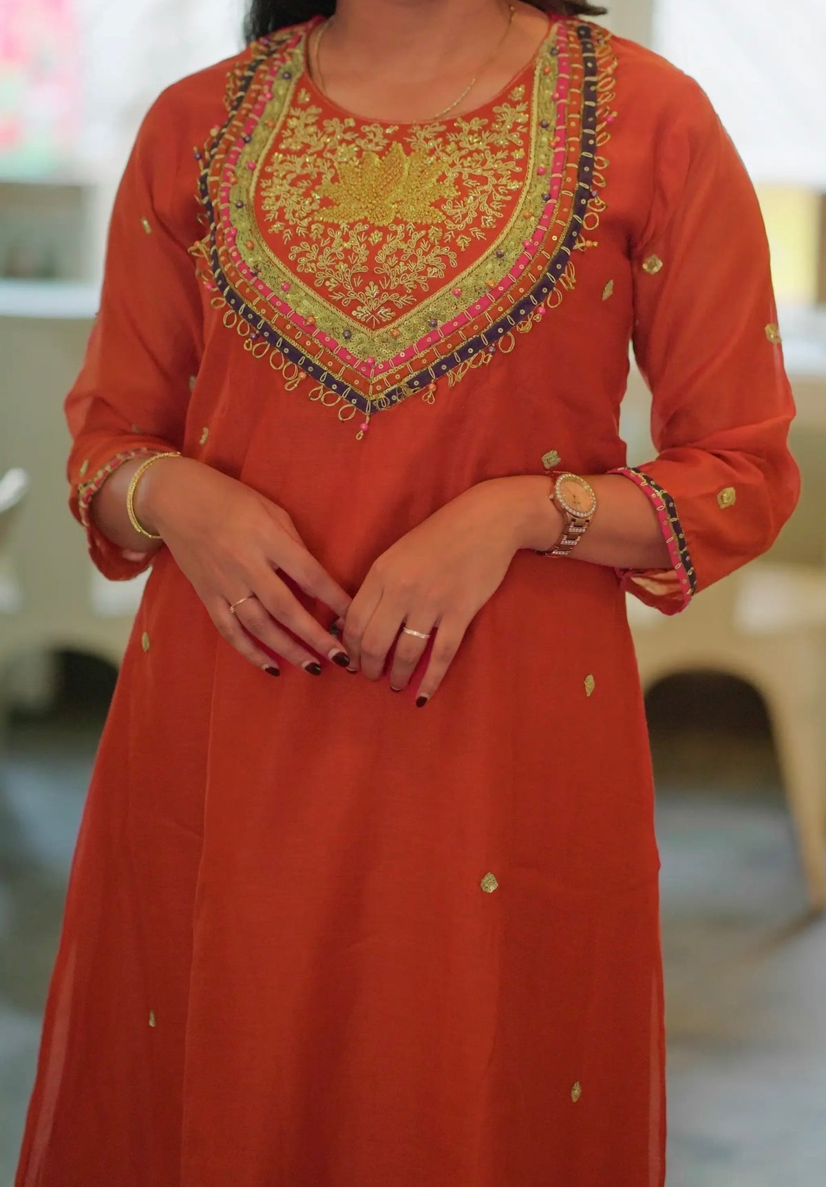 Heavy neck work with beautiful contrast duppata mul chandari Aline suit